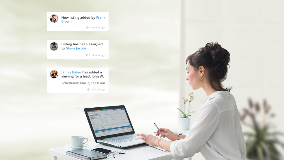 Real Estate agent viewing her activity feed in PropSpace CRM software